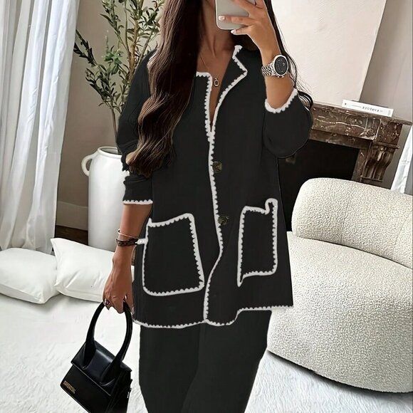 Sweaters - Black Casual Women's Edge Decor Pocket Loose Jacket